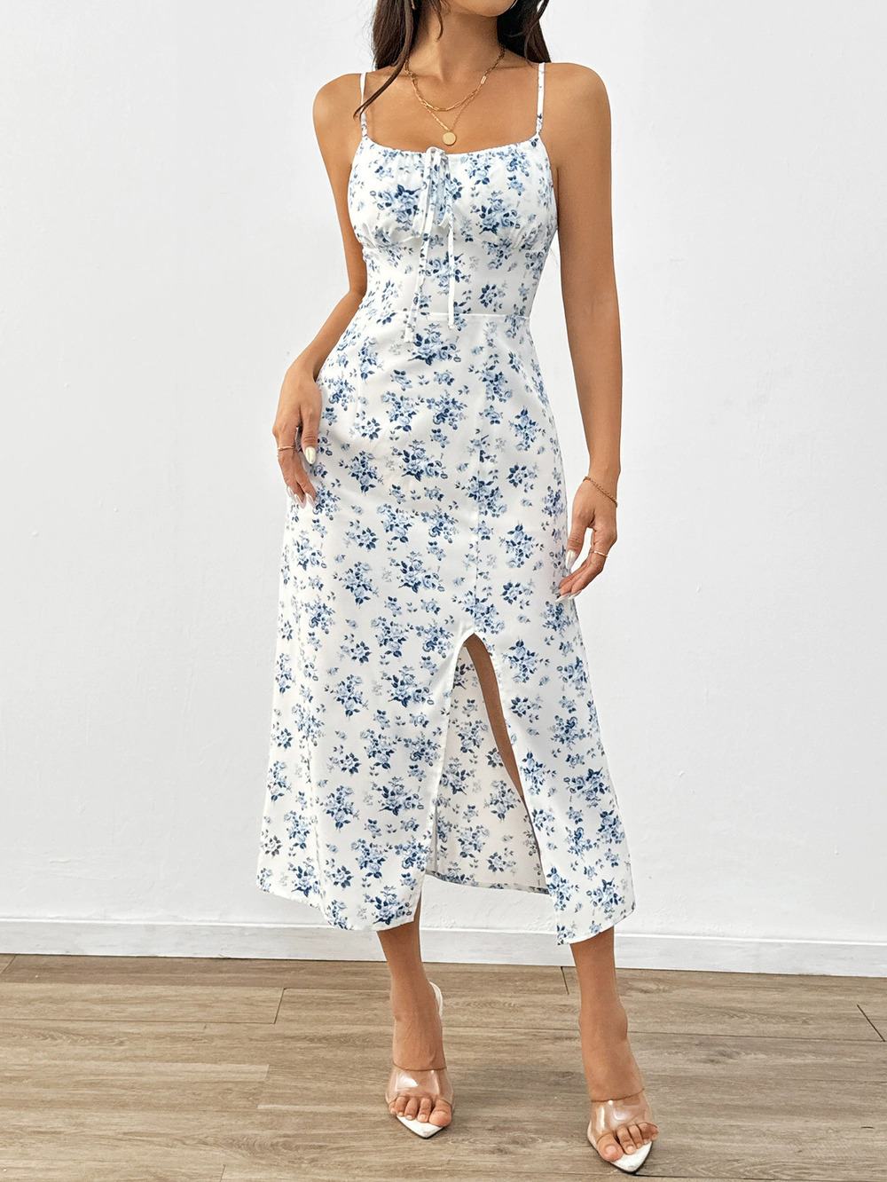 ZARA Summer Fresh Floral High Waist Spaghetti Strap Midi Dress Pullover